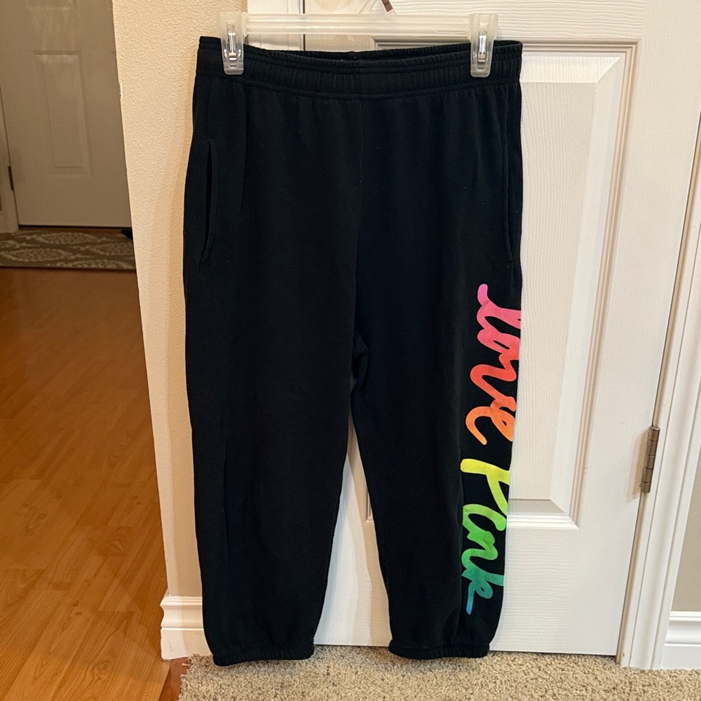 Y2K PINK Victoria's Secret Black Joggers with Rainbow Print Lettering